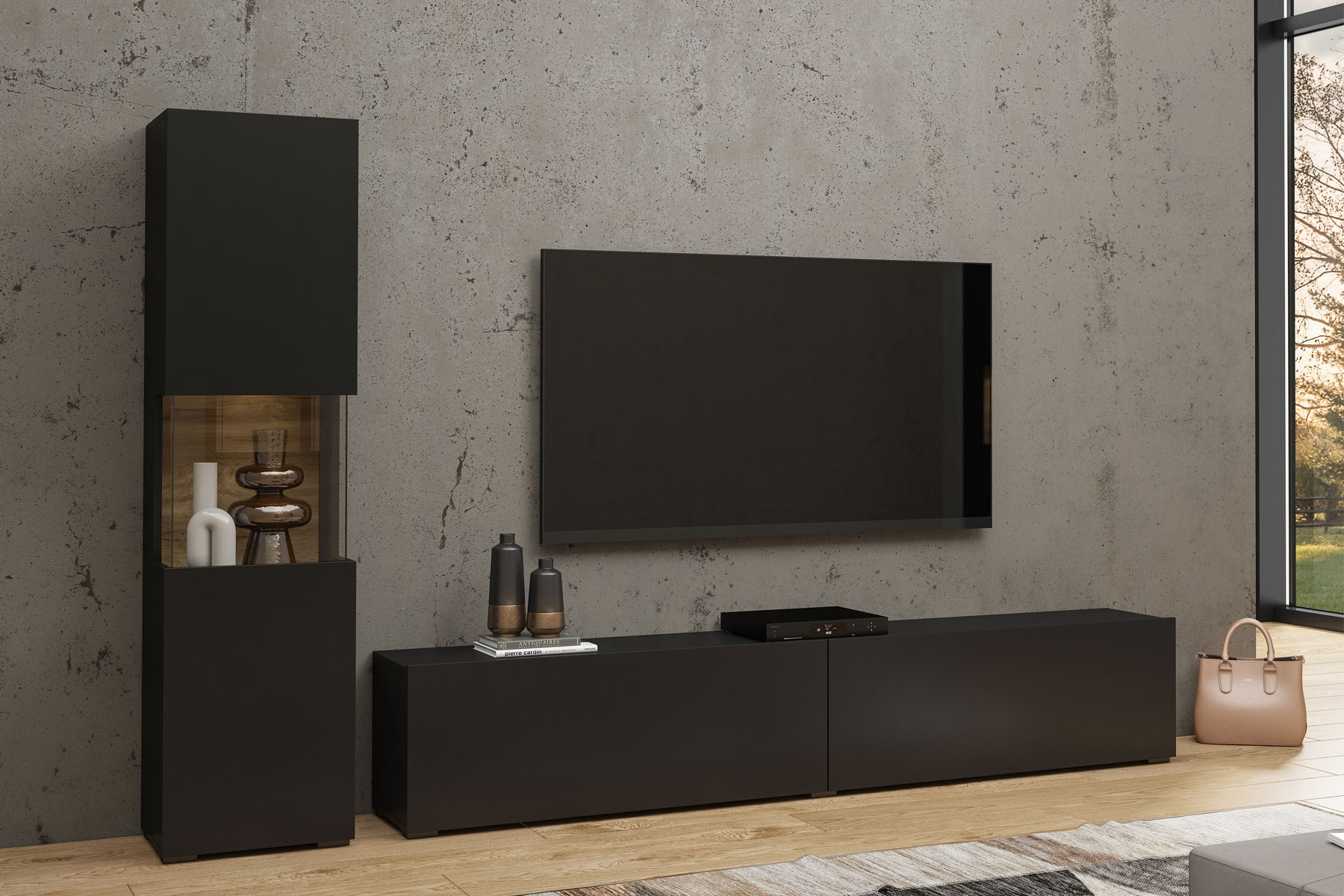 E-shop EMMA 09 moderný set skrinka + tv stolík čierna/ dub wotan