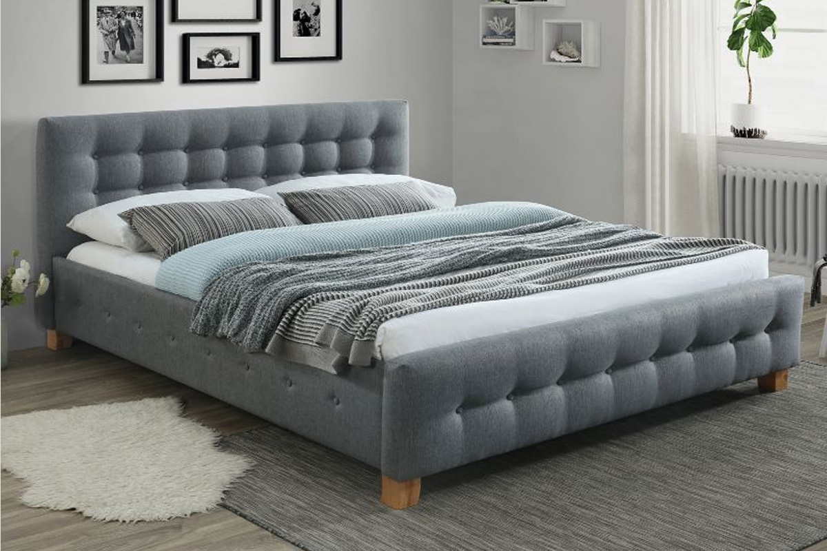 E-shop BARČA 160 čalúnená posteľ, sivá/dub