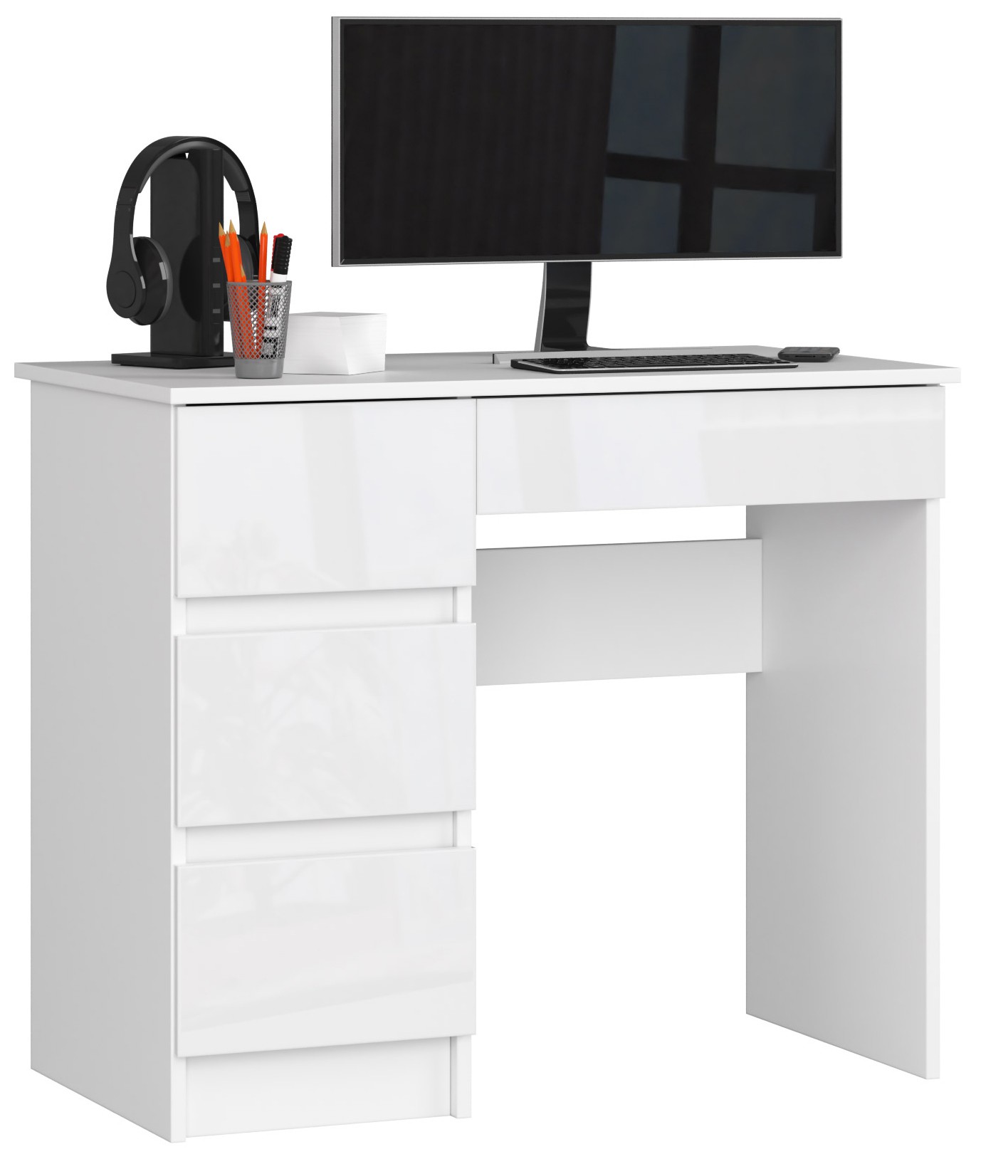 E-shop Dizajnový písací stôl ZEUS90L, biely / biely lesk