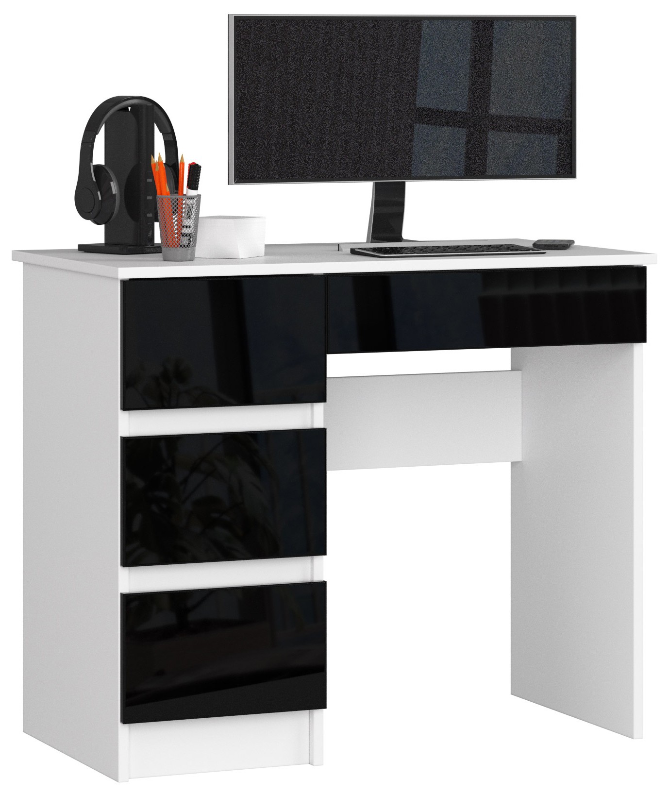 Dizajnový písací stôl ZEUS90L, biely / čierny lesk