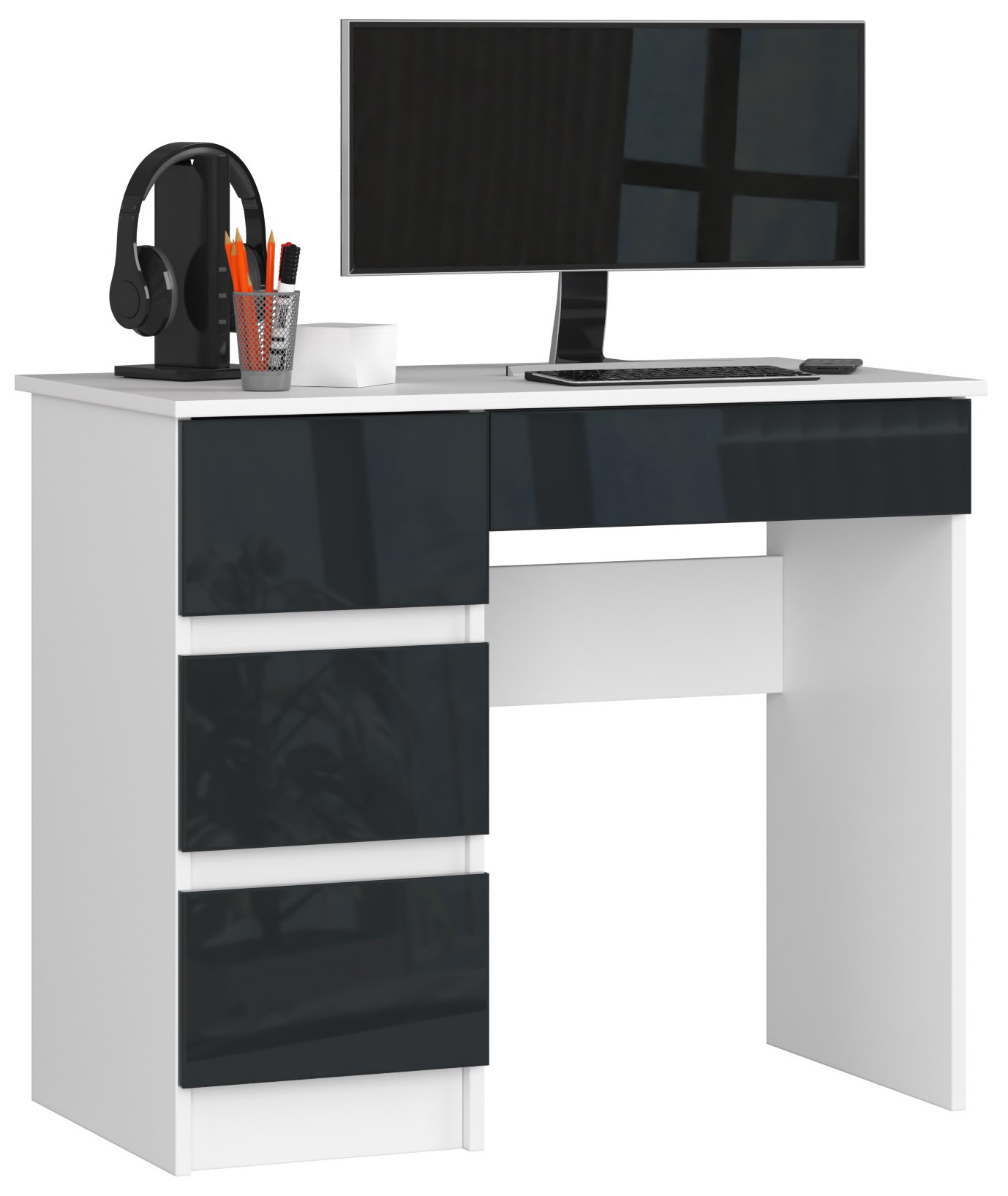 Dizajnový písací stôl ZEUS90L, biely / grafitový lesk