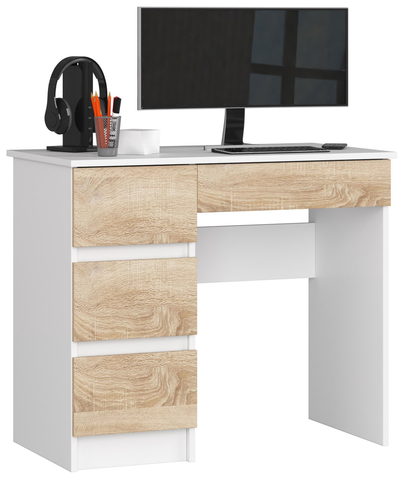 Dizajnový písací stôl ZEUS90L, biely / dub Sonoma