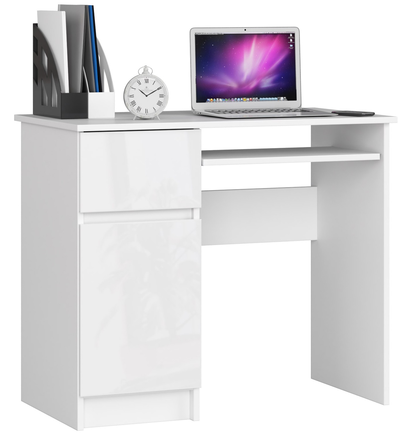 Dizajnový písací stôl PIXEL90L, biely / biely lesk