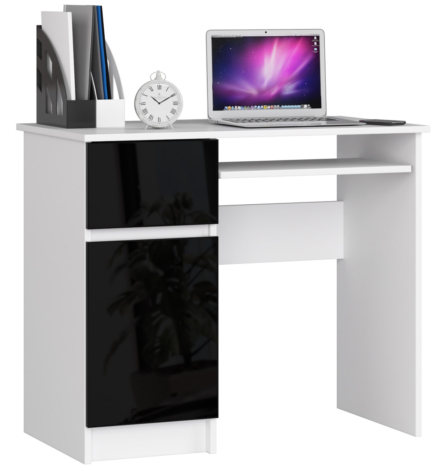 Dizajnový písací stôl PIXEL90L, biely / čierny lesk