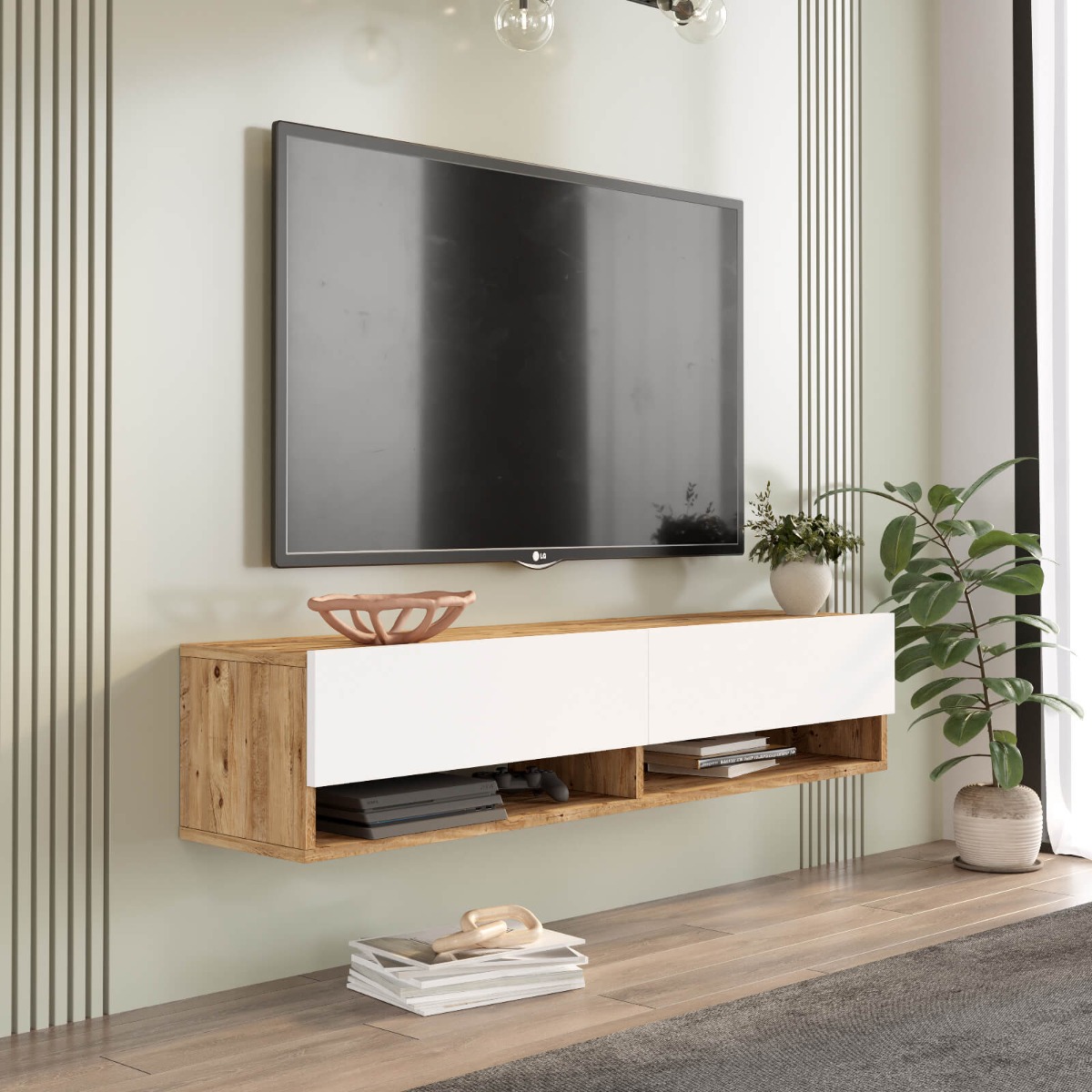 E-shop závesný TV stolík FREY 11, farba borovica + biela
