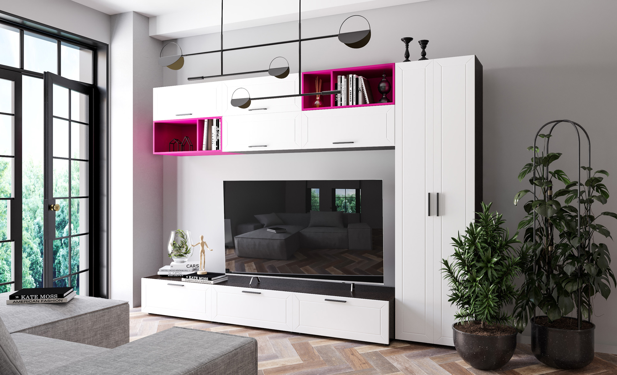 E-shop GLAMY 4 moderná obývacia stena, island/wenge/malina