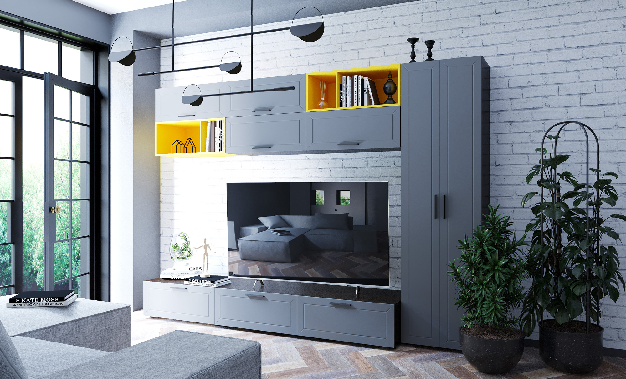 GLAMY 1 moderná obývacia stena, marengo/wenge/žltá
