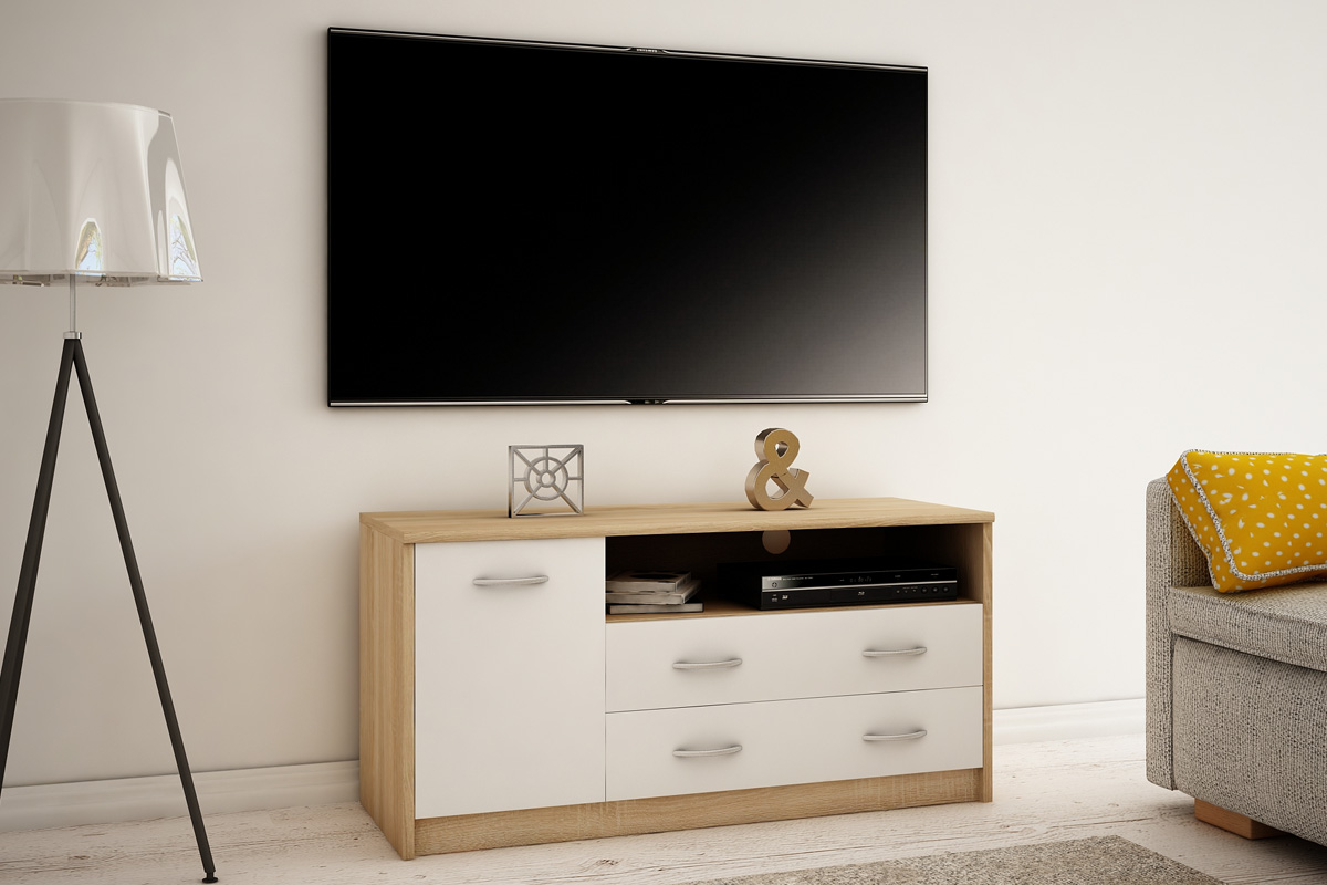 E-shop MAREK 029 TV stolík s policami a zásuvkami, dub sonoma/biela