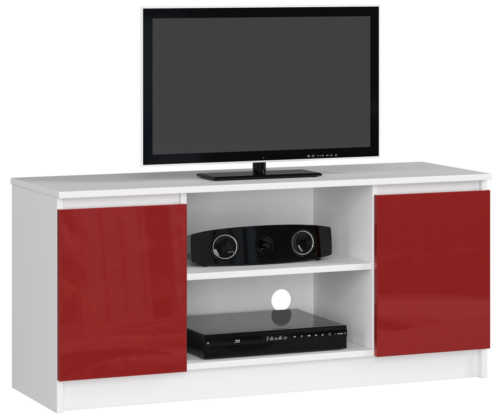 Moderný TV stolík ROMANA120, biely / červený lesk