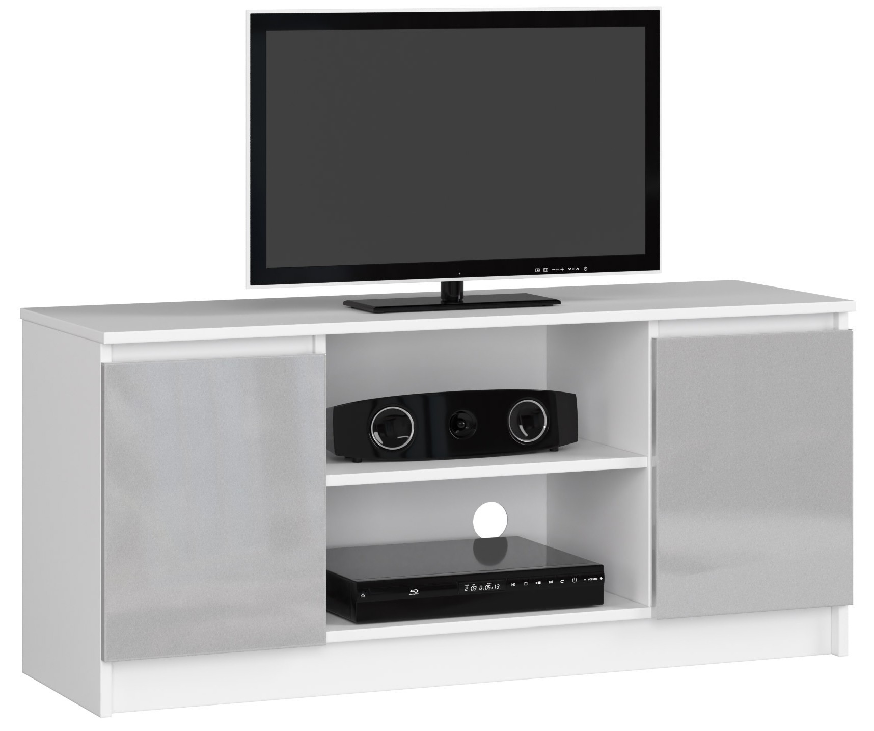 Moderný TV stolík ROMANA120, biely / metalický lesk