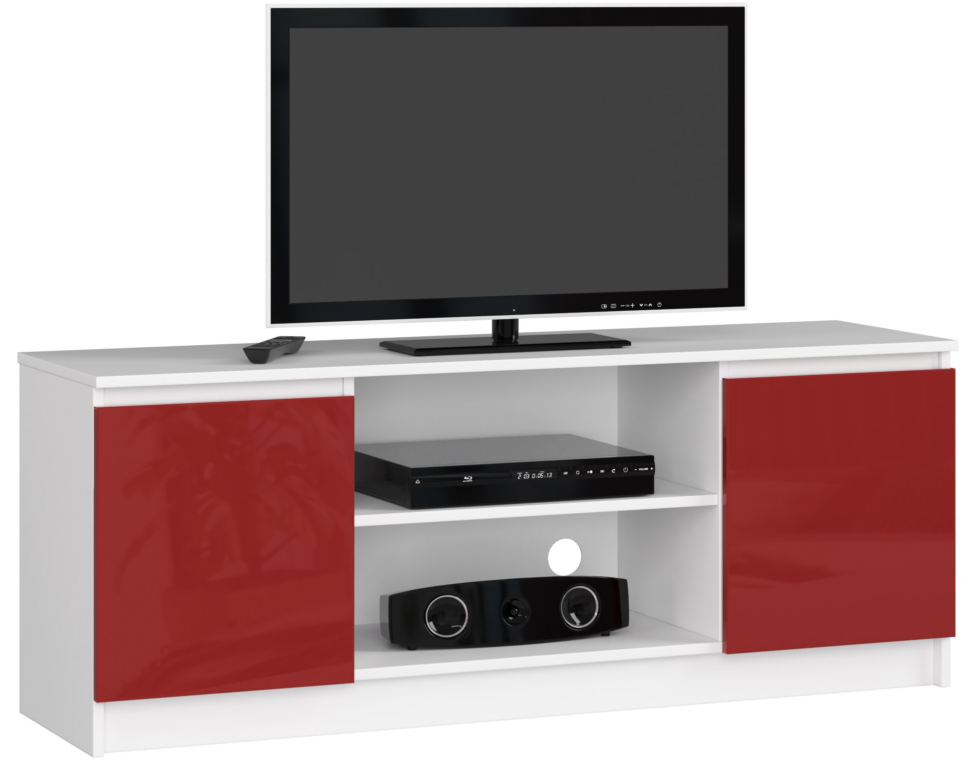 Dizajnový TV stolík ROMANA140, biely / červený lesk