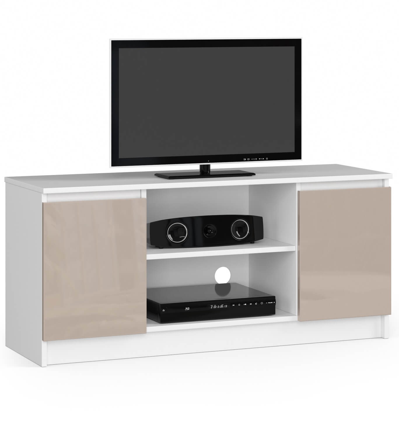 Moderný TV stolík ROMANA120, biely / cappuccino lesk