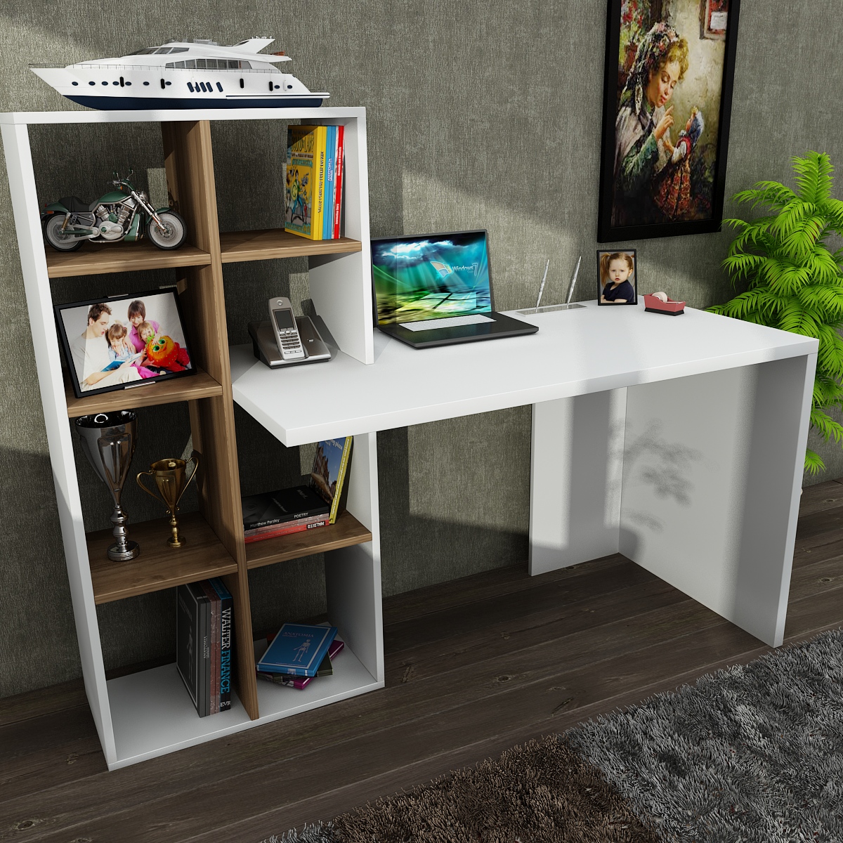E-shop WONDER PC stôl s regálom, biela / orech